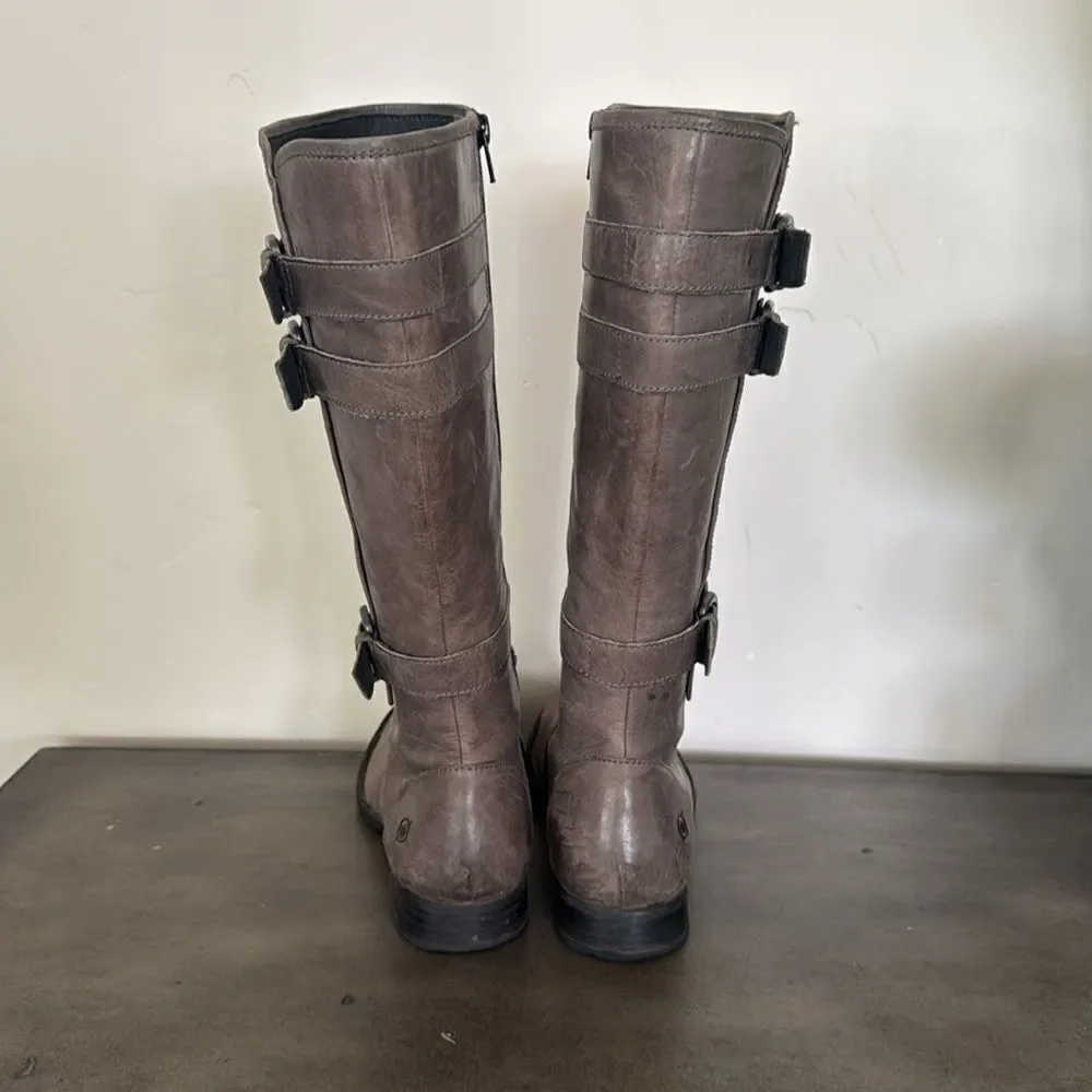 Born Women's Tall Knee High Ash Leather Boots Riding Boho Buckle Size 6.5 EUC